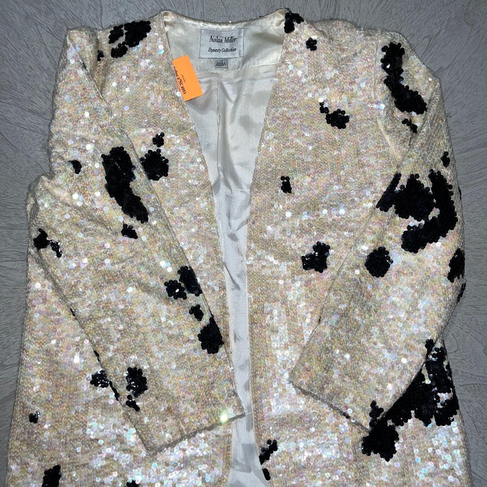Vintage Nolan Miller Sequin Dalmatian White Black Print Blazer Jacket Size 12
